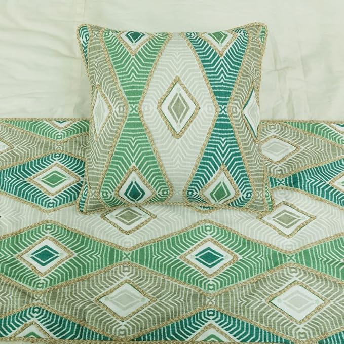 The HomeCentric King/Queen/Twin Green Designer Twin 53"x18" Bed Runner Without Pillow Cover, Aztec, Jute Embroidery, Quilted, Tassels, Jute, Moroccan & Tribal Bed Scarf Cotton Fabric - Chantico