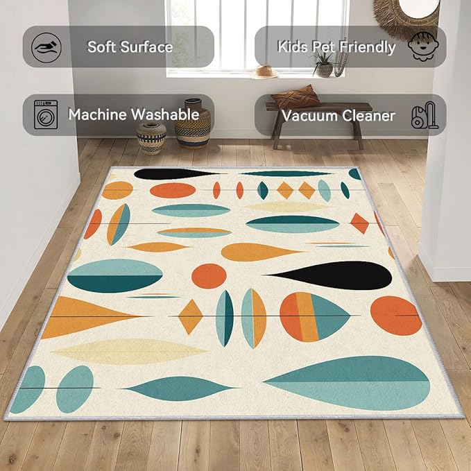 Mid Century Modern Rug 7x10, Washable Geometric Rugs for Living Room Bedroom, Retro Area Rug for Home Decor, Non Slip Backing Floor Carpet with Gripper - 7 x 10 ft