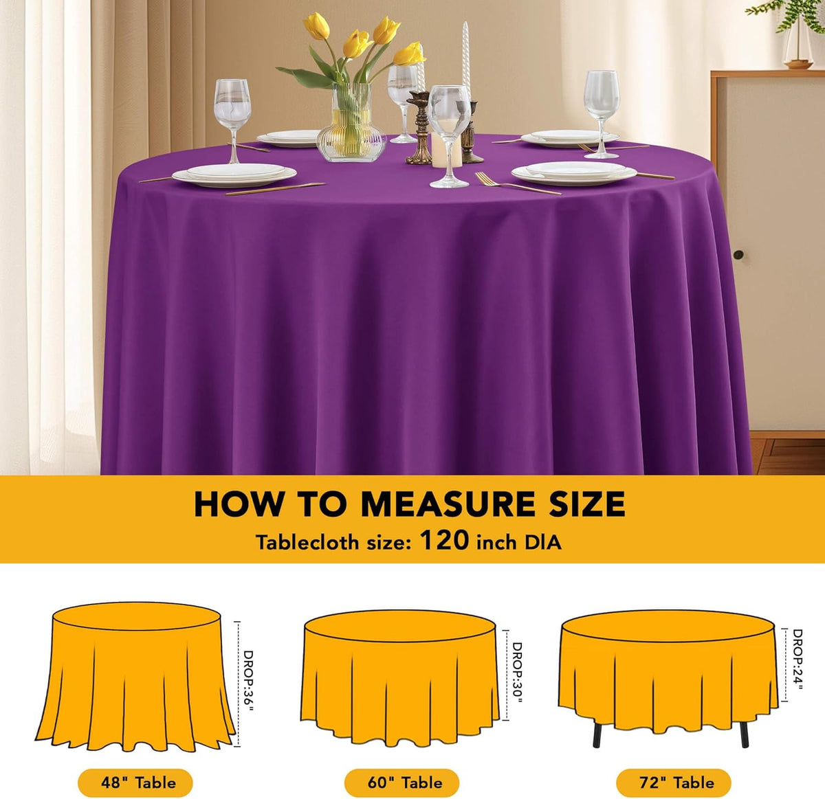 6-Pack Purple Round Tablecloths, 120 Inches, Stain-Resistant Polyester for 5-6 Ft Round Tables - Washable Table Covers for Weddings, Banquets, Birthday Parties, Events