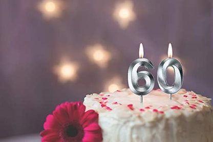 Bailym Silver 60th Birthday Candles, Number 60 Cake Topper for Birthday Decorations Party Decoration