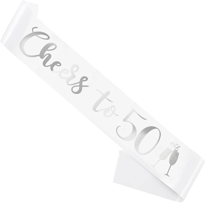 Birthday Sash White, 'Cheers To 50' Birthday Sash for Girl Women and Men with Silver Foil Letters for Funny Party Favor Supplies 50 White Silver