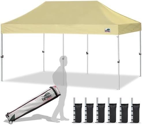 Eurmax USA 10x20ft Pop Up Canopy, Commercial Instant Tent for Outdoor Events, Patented No-Tip Rolling Storage Bag with 6 Sandbags,UV & Water Resistant,Heavy Duty Portable Shelter Gazebo,Beige