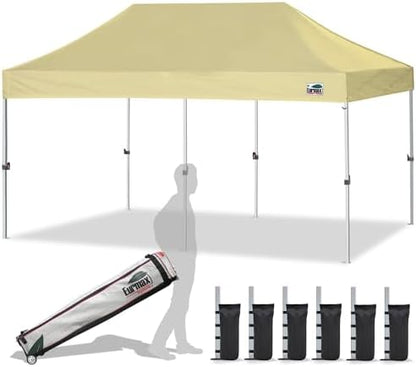 Eurmax USA 10x20ft Pop Up Canopy, Commercial Instant Tent for Outdoor Events, Patented No-Tip Rolling Storage Bag with 6 Sandbags,UV & Water Resistant,Heavy Duty Portable Shelter Gazebo,Beige