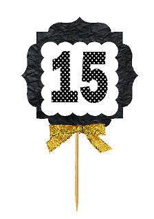 15th Birthday Anniversary Gold Ribbon Novelty Cupcake Appetizer Decoration Toppers / Picks -12ct