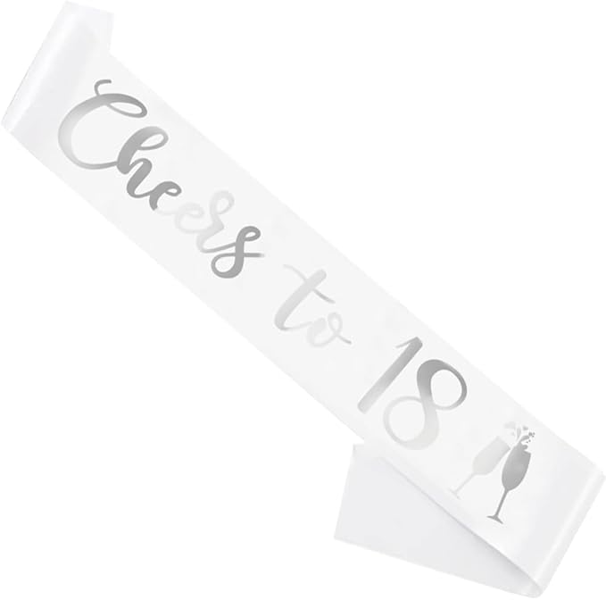 Birthday Sash White, 'Cheers To 18' Birthday Sash for Girl Women and Men with Silver Foil Letters for Funny Party Favor Supplies 18 White Silver
