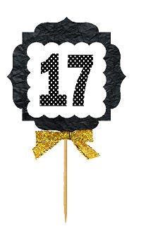 17th Birthday Anniversary Gold Ribbon Novelty Cupcake Appetizer Decoration Toppers / Picks -12ct