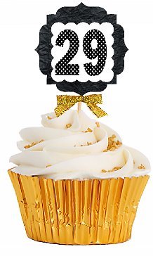 29th Birthday Anniversary Gold Ribbon Novelty Cupcake Appetizer Decoration Toppers / Picks -12ct