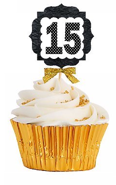 15th Birthday Anniversary Gold Ribbon Novelty Cupcake Appetizer Decoration Toppers / Picks -12ct