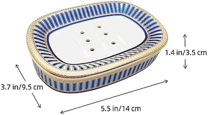 Self Draining Soap Dish, Double-Layer Bar Soap Tray, White Ceramic Soap Dish with Elegant Patterns (Style A)