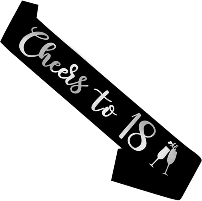 Birthday Sash Black, 'Cheers To 18' Birthday Sash for Girl Women and Men with Silver Foil Letters for Funny Party Favor Supplies 18 Black Silver