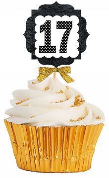 17th Birthday Anniversary Gold Ribbon Novelty Cupcake Appetizer Decoration Toppers / Picks -12ct