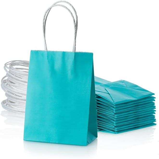 AWELL Mini Turquoise Blue Paper Bag with Handle Party Favours Bag 6x4.5x2.5 inch for Baby Shower Birthday Wedding Recycled Bag, Pack of 24