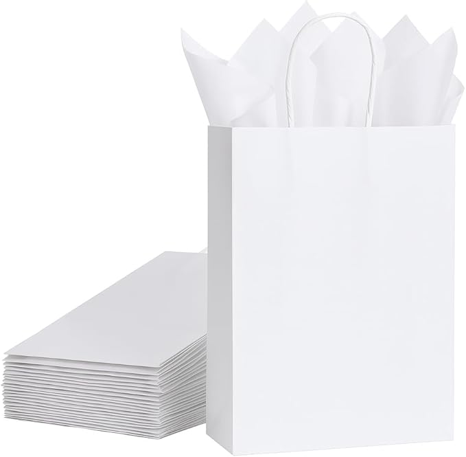 SUNCOLOR White Gift Bags with Tissue Paper, 24 Pack Small Kraft Paper Bags, 7.9 x 5.12 x 3.15 Inches, Sturdy Handles for Weddings, Baby Showers, Birthdays, Party Favors