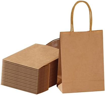 SUNCOLOR 50 Pieces Brown Small Gift Bags with Handles, 5.9 x 4.7 x 2.4 Inches Mini Goodie Bags for Party Favors Birthday Treat Bags