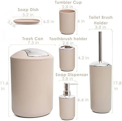 Moss & Stone 6-Piece Bathroom Accessories Set, Includes Soap Dispenser, Toothbrush Holder, Toothbrush Cup, Soap Dish, Complete Bathroom Decor Set (Beige)