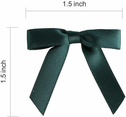 Meseey 100 Pcs 1.5 Inches Premade Craft Bows Self Adhesive Dark Green Satin Ribbon Bows for Treat Bags Gift Wrapping Basket Wedding Baby Shower Brithday Party(Dark Green)