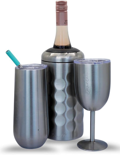 Bonell Champagne Bottle Chiller Gift Set- Portable Stainless Steel Sparkling Wine Cooler with 2 Champagne Flutes (SILVER)