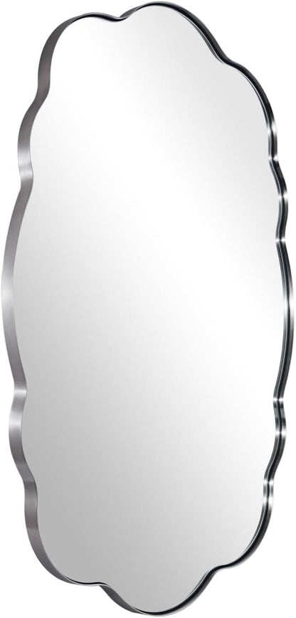 ANDY STAR Brushed Nickel Wavy Oval Bathroom Mirror, 26x38 Inch Silver Scalloped Wall Mirror, Unique Irregular Wall Mirror with Sophisticated Curved Design