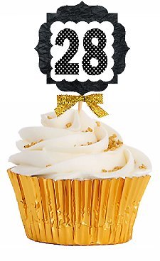28th Birthday Anniversary Gold Ribbon Novelty Cupcake Appetizer Decoration Toppers / Picks -12ct