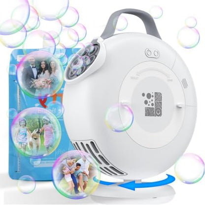 Bubble Machine, Automatic Bubble Blower for Kids Toddlers, 8000+ Bubbles Per Minute, 90° 200° Oscillating Electric Plug-in or Batteries Bubble Maker Toys for Outdoor Birthday Party - Light White