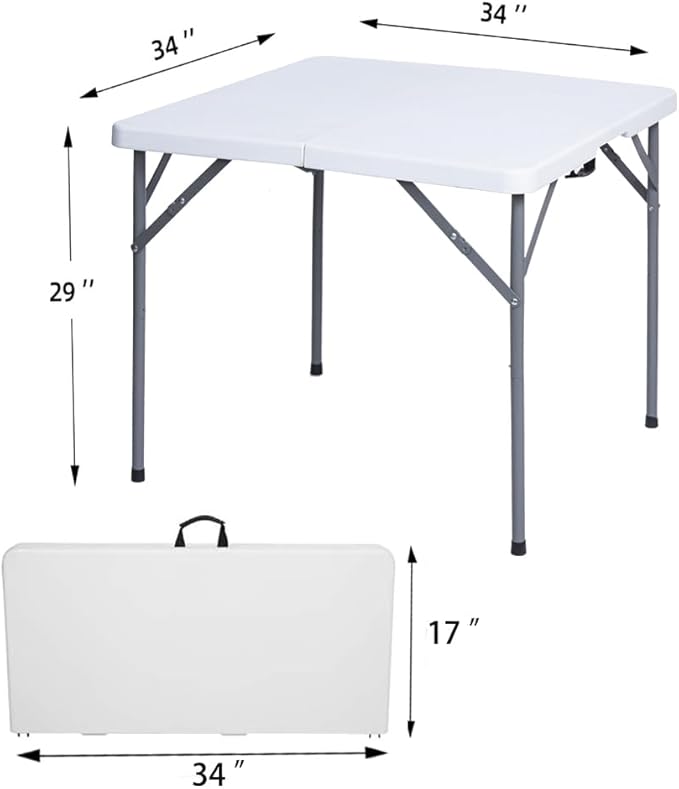 Lakhow 34" Square Folding Table, Fold-in-Half Utility Dining Portable Table Heavy Duty HDPE Plastic Foldable with Carrying Handle Indoor Outdoor for Picnic, Party