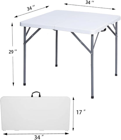 Lakhow 34" Square Folding Table, Fold-in-Half Utility Dining Portable Table Heavy Duty HDPE Plastic Foldable with Carrying Handle Indoor Outdoor for Picnic, Party