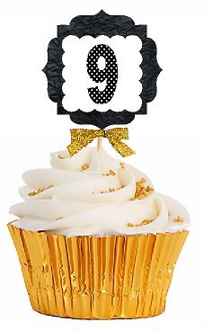 9th Birthday Anniversary Gold Ribbon Novelty Cupcake Appetizer Decoration Toppers / Picks -12ct