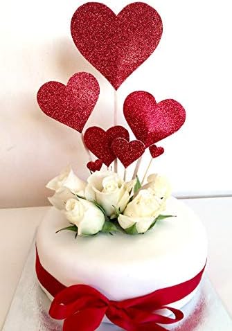 35 pcs Glitter Red Heart Cake Toppers Picks for Sweet Love Theme Wedding Engagement,Valentine's Day Bridal Shower Mother's Day Party Cake Decors (Red heart)