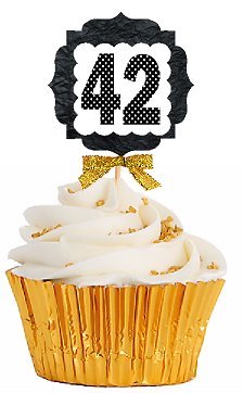 42nd Birthday Anniversary Gold Ribbon Novelty Cupcake Appetizer Decoration Toppers / Picks -12ct