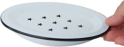 Vintage Enamel Soap Dish with Drip Tray | White with Black | Farmhouse Style Bathroom Bowl | Oval 5.5 x 4 inch