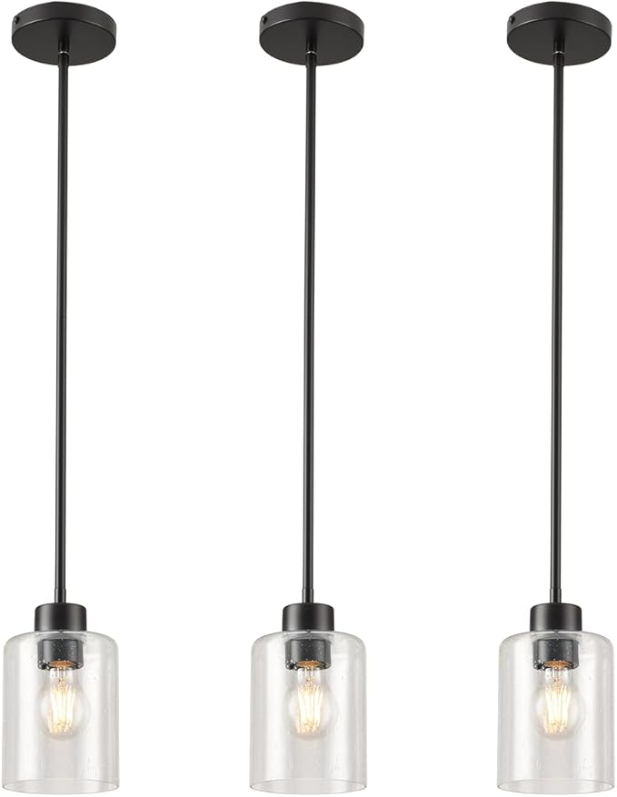 Black Pendant Lights Kitchen Island - Seeded Glass Pendant Light Fixture Multiple Stems Rods (3 Pack with Rod seeded Glass)
