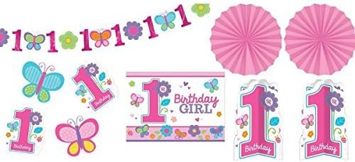 Flowers and Butterflies Girl's 1st Birthday Party Assorted Room Decorating Kit, 10-Piece, Assorted Sizes