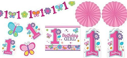 Flowers and Butterflies Girl's 1st Birthday Party Assorted Room Decorating Kit, 10-Piece, Assorted Sizes