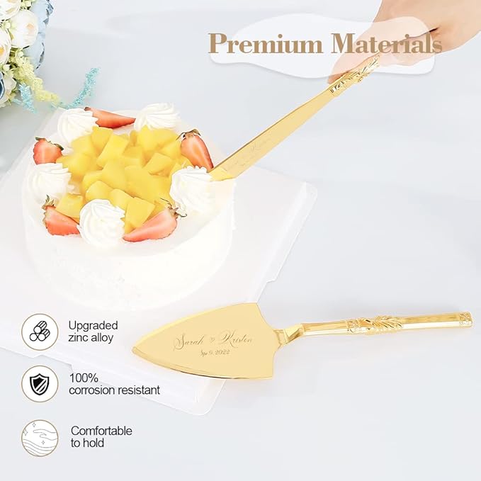 TUKDAK Cake Cutting Set for Wedding, Personalized Gold Cake Knife and Server Set, Custom Cake Serving Set, Engraved Pastry Pie Server Cake Pizza Cutter, Birthday Bridal Gift (CUS-Classic)