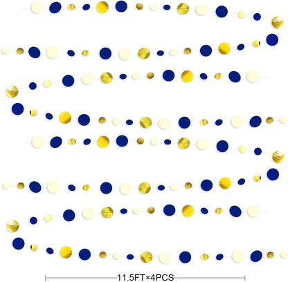 46 Ft Navy Blue and Gold Circle Dots Garland Royal Blue Hanging Paper Polka Dot Streamer for Birthday Wedding Bridal Baby Shower Graduations Nautical Ahoy Achor Pirate Theme Party Decorations Supplies