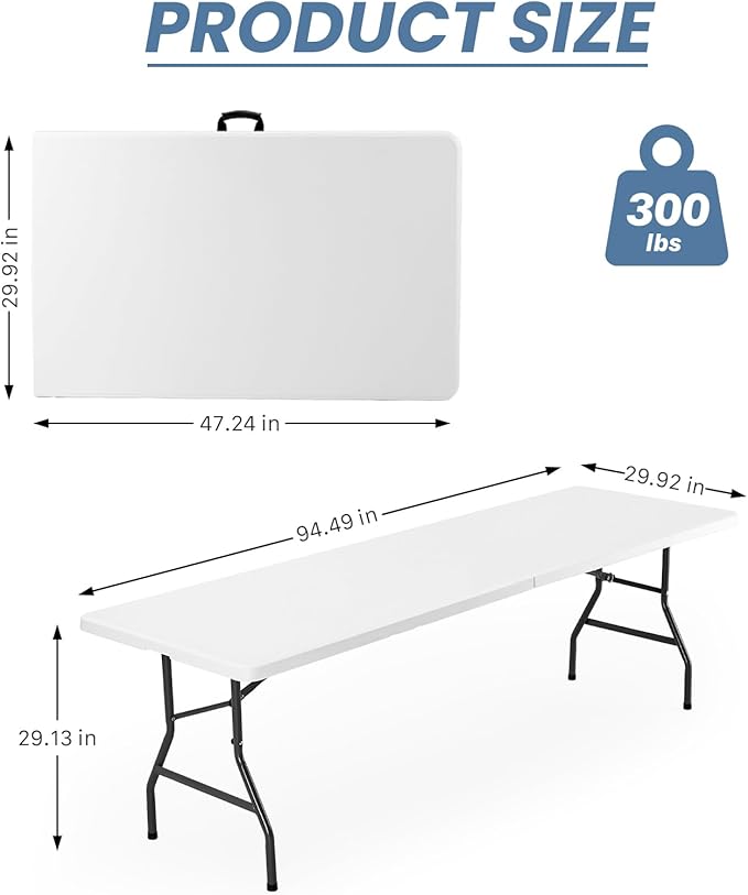 DUMOS 8 Feet Folding Picnic Table, Plastic Table with Carrying Handle, Heavy Duty Portable Table for Camping Party, White