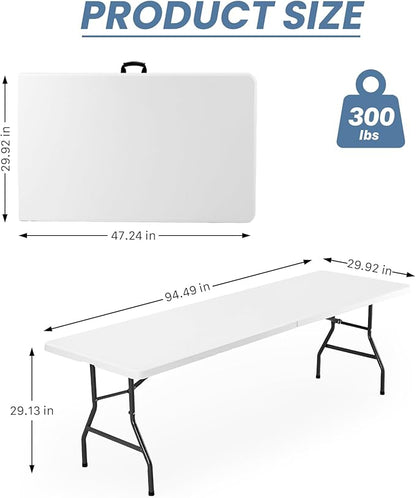 DUMOS 8 Feet Folding Picnic Table, Plastic Table with Carrying Handle, Heavy Duty Portable Table for Camping Party, White