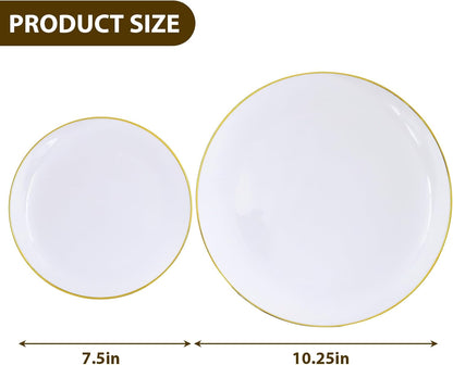 Moretoes 100PCS White Gold Plastic Plates Disposable,Party Plates White with Gold Rim, 10.25inch Dinner Plates and 7.5inch Dessert Salad Plates Heavy Duty Plates for Wedding Party and Birthday