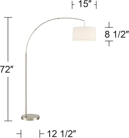 360 Lighting Cora Modern Arched Task Floor Lamp Standing 72" Tall Brushed Nickel Silver Off White Linen Fabric Drum Shade for Living Room Reading House Bedroom Home Decor