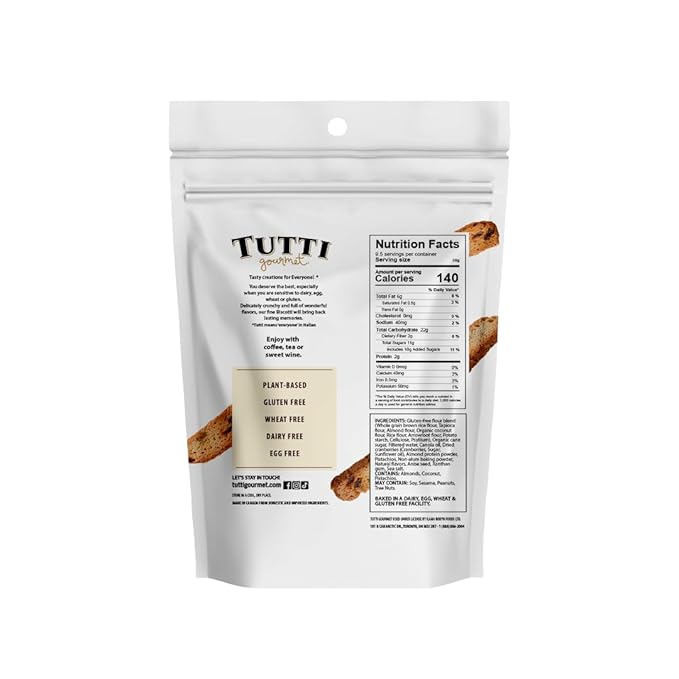 Tutti Gourmet Gluten Free Pistachio & Cranberry Biscotti, 9.9 oz (283g) Resealable Cookie Bag, Vegan and Halal Snacks