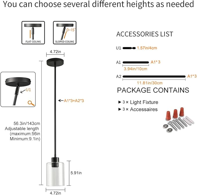 Black Pendant Lights Kitchen Island - Seeded Glass Pendant Light Fixture Multiple Stems Rods (3 Pack with Rod seeded Glass)
