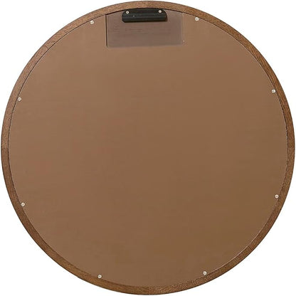 ARIEL Round Wooden Mirror 30" in Brown Oak, Wood Circle Wall Mirror for Bathroom, Vanity, Entryway & Living Room Decor, Farmhouse Style