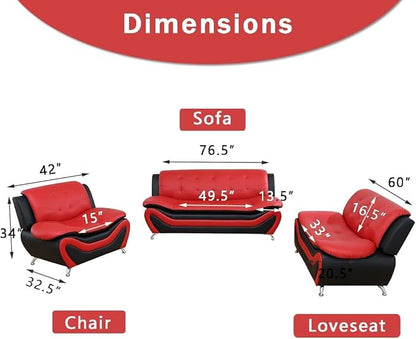 Black&Red Faux Leather Sofa Couches, 2PCS Living Room Sofa Sets, Living Room Furniture Sets, Loveseat and Chair for Bedroom, Rv Car, Office