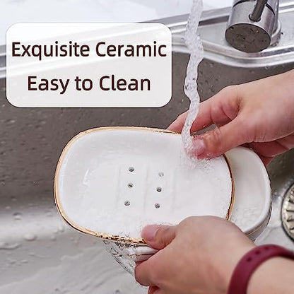 Self Draining Soap Dish, Double-Layer Bar Soap Tray, White Ceramic Soap Dish with Elegant Patterns (Style A)