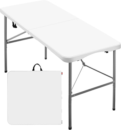 4Ft Plastic Folding Table,Fold-in-Half Portable Picnic Table Outdoor for Camping,Party,Wedding,Kitchen,Beach,with Lock,Handle,White-Straight Leg