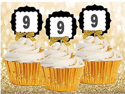 9th Birthday Anniversary Gold Ribbon Novelty Cupcake Appetizer Decoration Toppers / Picks -12ct