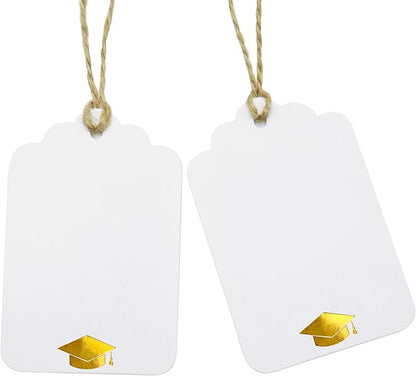 ASYEHJNR 100Pcs Blank Gift Tags with String Foil Gold Grad Cap Large White Paper Gift Tags with 65 Ft Jute Twine for Congrats Grad Congratulations Graduation Party
