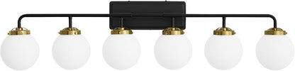 Black Gold Bathroom Light Fixtures Over Mirror, Modern Vanity Lighting with Milk White Glass Globe Shades 6-Light Farmhouse Wall Sconce