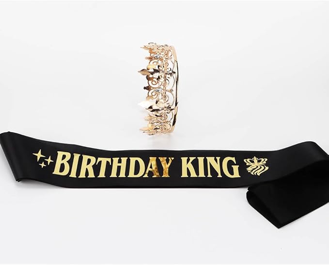 Lunaryvo King Crown and Birthday Sash for Men, Gold Rhinestone Tiara For Birthday Gift Decor Party Cosplay Prom Supplies