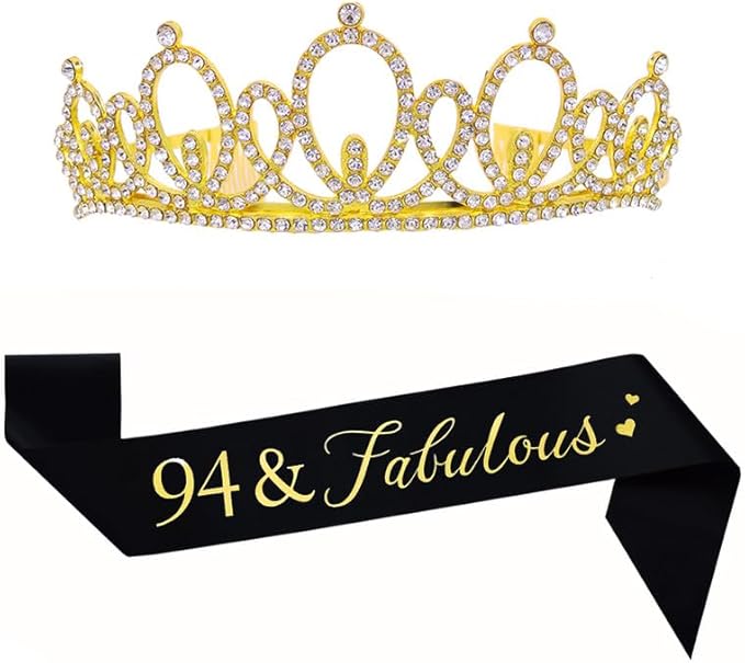 Mayin Happy 94th Birthday Tiara and Sash Gifts Crystal Rhinestone Princess Crown Birthday Women Party Favor Supplies Gold Crowns Black Sash